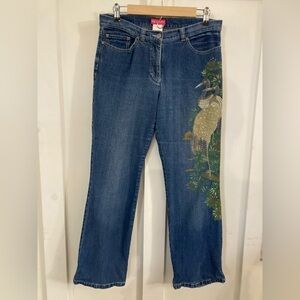 Vintage Apriori painted loon crane tropical bird print sequins beaded jeans rare